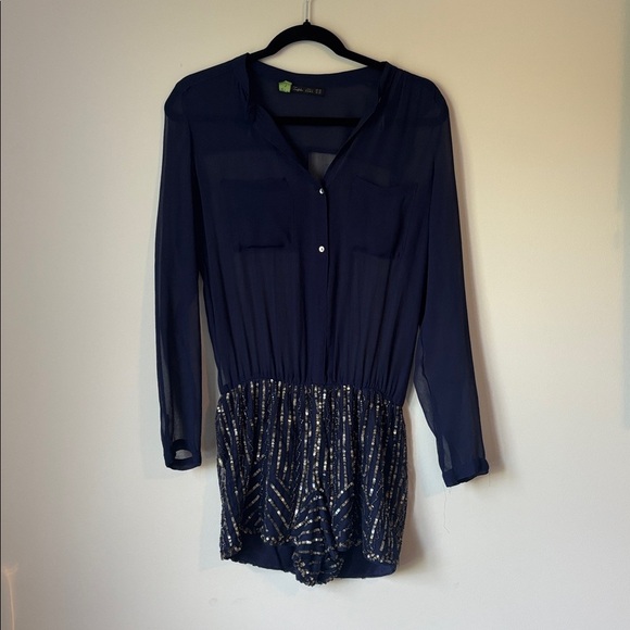 ZARA Navy Blue Long Sleeve Romper with Sequin Short XS - Picture 6 of 6